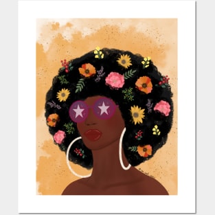 Girl with floral afro hair Posters and Art